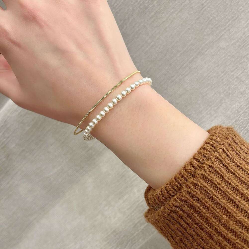 Exquisite Gold Sier Square Snake Bone Round Chain Zircon Pendant Pearl Bubble High-end Sense Wrapped Bracelet f15