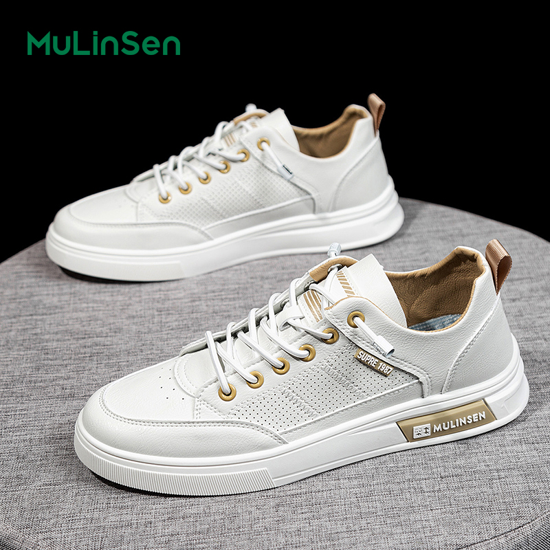 Mulinsen men's shoes spring and summer 2025 all-match youth breathable sports punched casual sneakers flat bottom non-slip wear-resistant white s