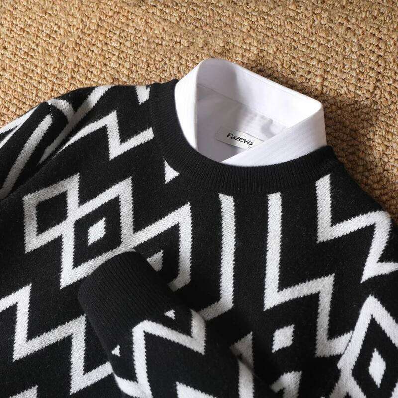 Men's 100% Merino Wool Sweater O-Neck Knit Dia Jacquard Pullover Cashmere Thickening Top Long Sleeve Jumpers Autumn Winter MDNG