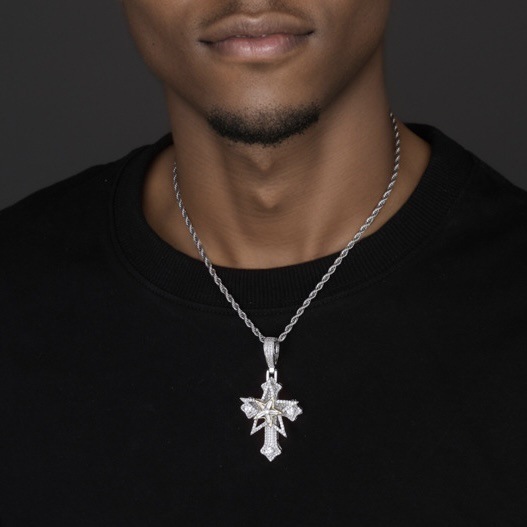 Top Quality Bling Rotate Star Cross Pendant Necklace For Men Hip-Hop Full Iced Out Cubic Zirconia Hexagonal Star Meteor Rotating Charm Jewelries Acces