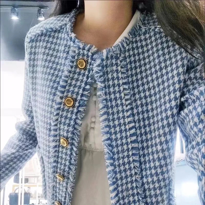 Vintage Tweed Jacket Women Korean Chic Coat Cropped Tops Plaid Single Breasted Long Sleeve Spring Autumn Clothing 250730