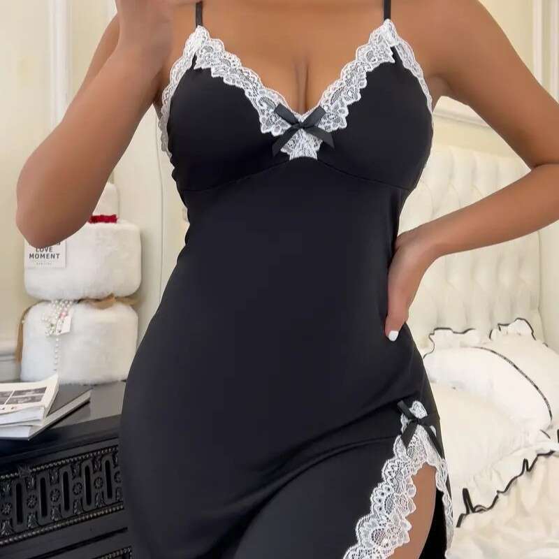 Black lace patchwork camisole nightgown sexy deep V-slit sleepwear skin friendly Modal home temptation short skirt