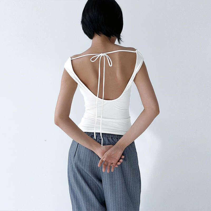 Y23tp062 Women's Summer New Solid Color Swing Neck Sleeveless Backless Tie Sexy Tank Top T-Shirt B5