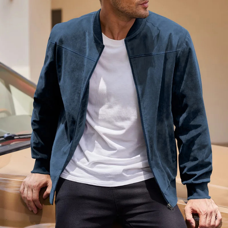 Suede Solid Color Zipper Jacket Casual Vintage Long Sleeve Cardigan Men 250730