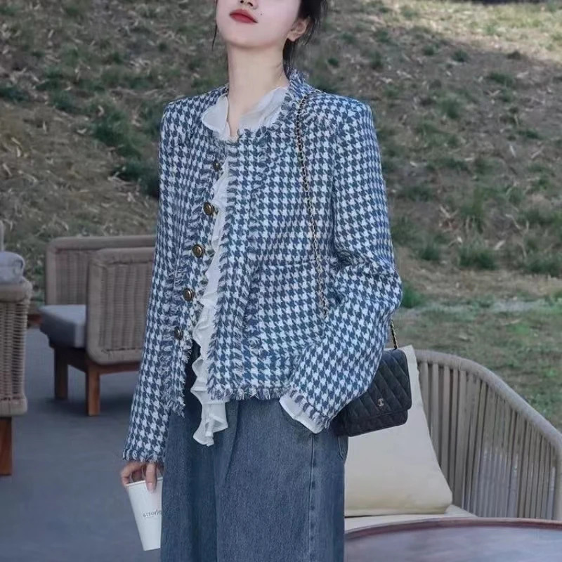 Vintage Tweed Jacket Women Korean Chic Coat Cropped Tops Plaid Single Breasted Long Sleeve Spring Autumn Clothing 250730