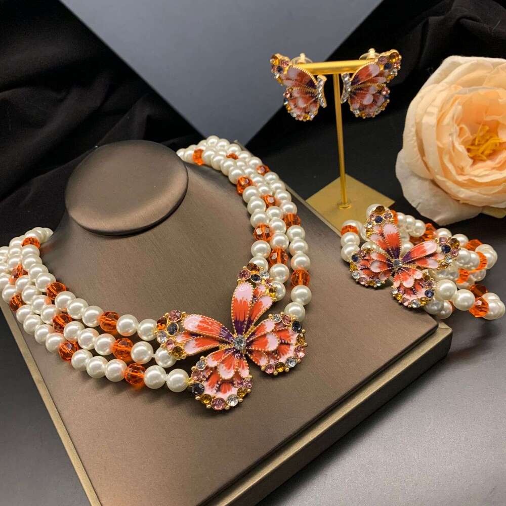 Wind Multi-layer Glass Butterfly Shape Necklace Bracelet Earrings Niche Three-piece Set OEM Labeling