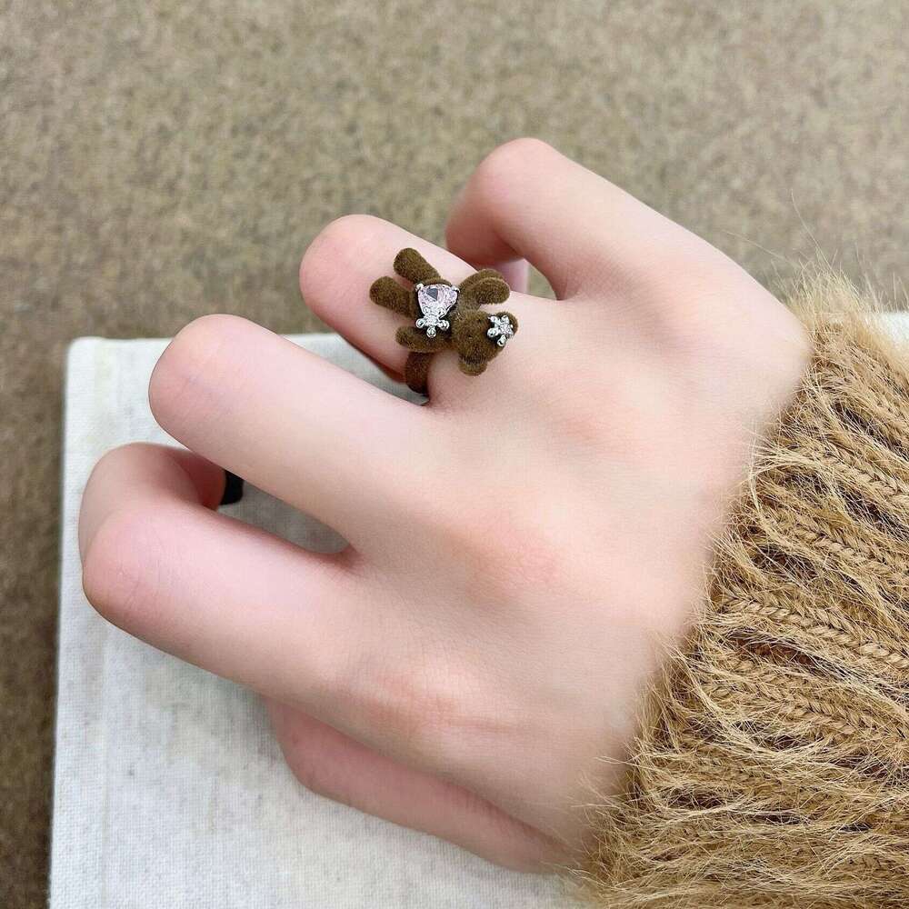 Autumn Winter New Flocked Flower Decoration Rhinestone Cute Girly Earrings Stud Fashionable Bear Heart Ring 153