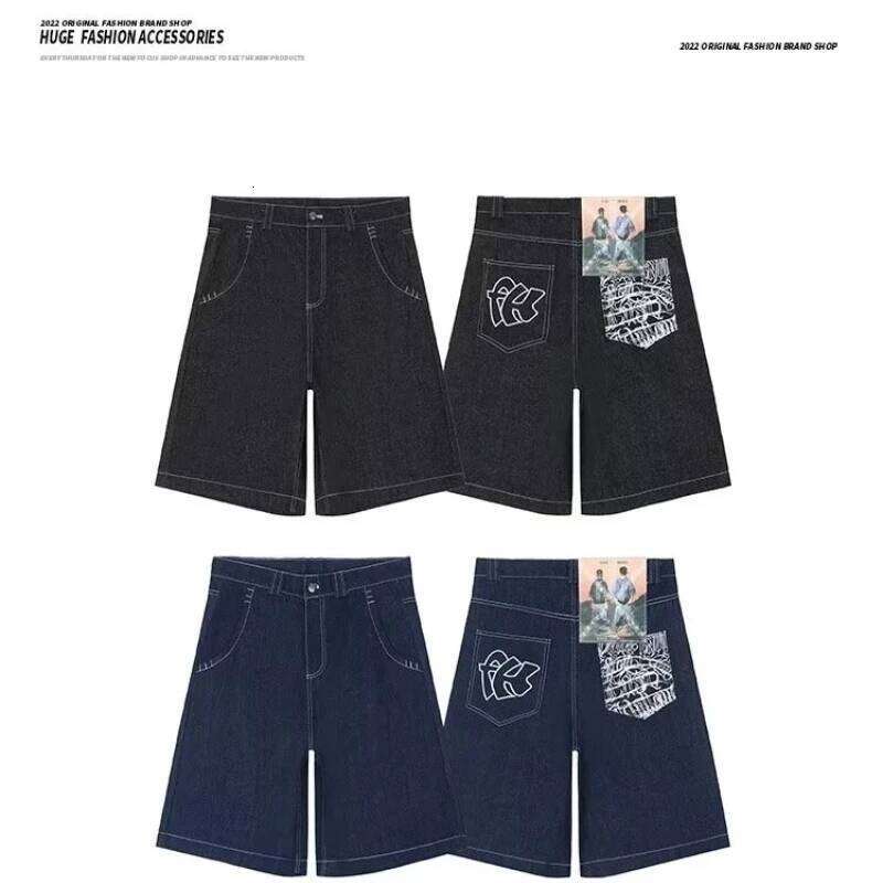 Retro Embroidered Denim Trousers Men's Straight Niche Design Draped High Street Loose Wide-leg Shorts Baggy Short for Man Jort