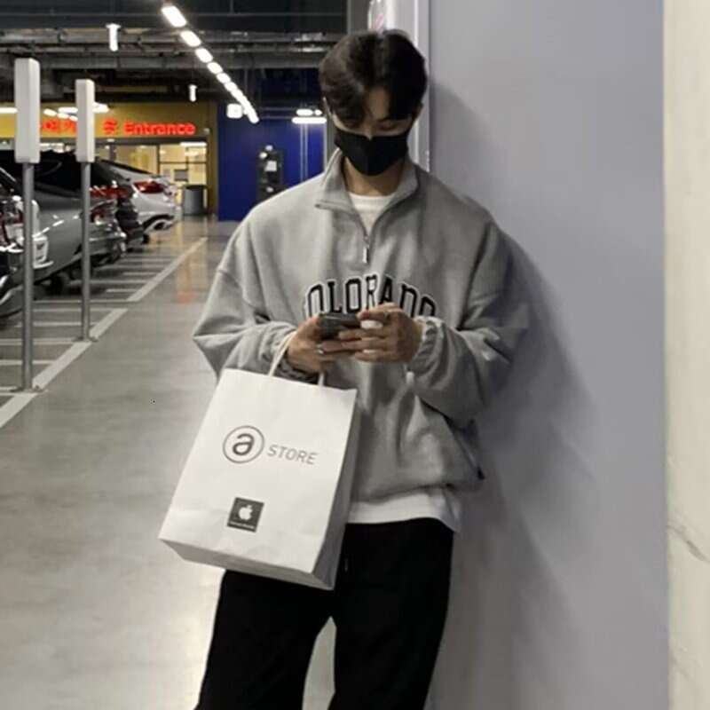 Large Size Half-Zip Sweatshirt for Men, Trendy Brand with Letter Print, Spring and Autumn Long Sleeve Jacket