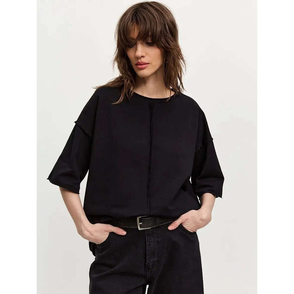 Spring Summer New Loose Cotton T-Shirt For Women Distressed Short Sleeve Patchwork Top B5