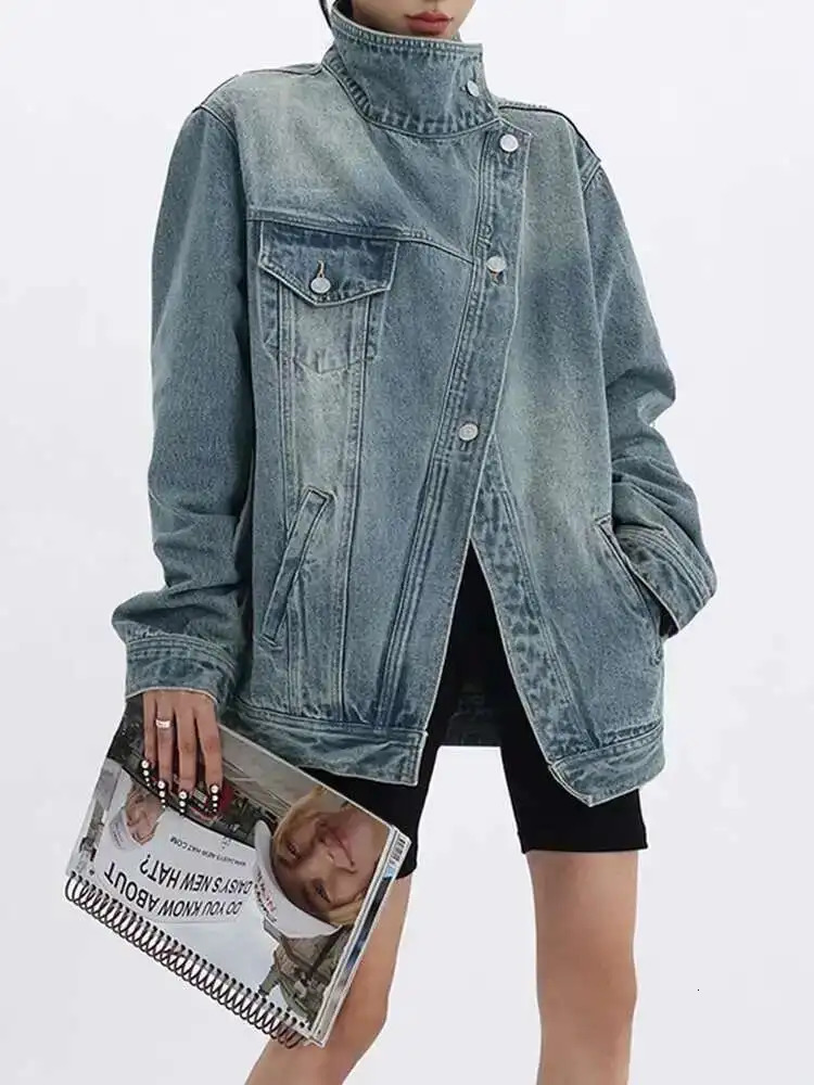SHENGPALAE Fashion Womens Denim Coat Turtleneck Single Breasted Full Sleeve Patchwork Versatile Jacke Autumn 5R4436 250730