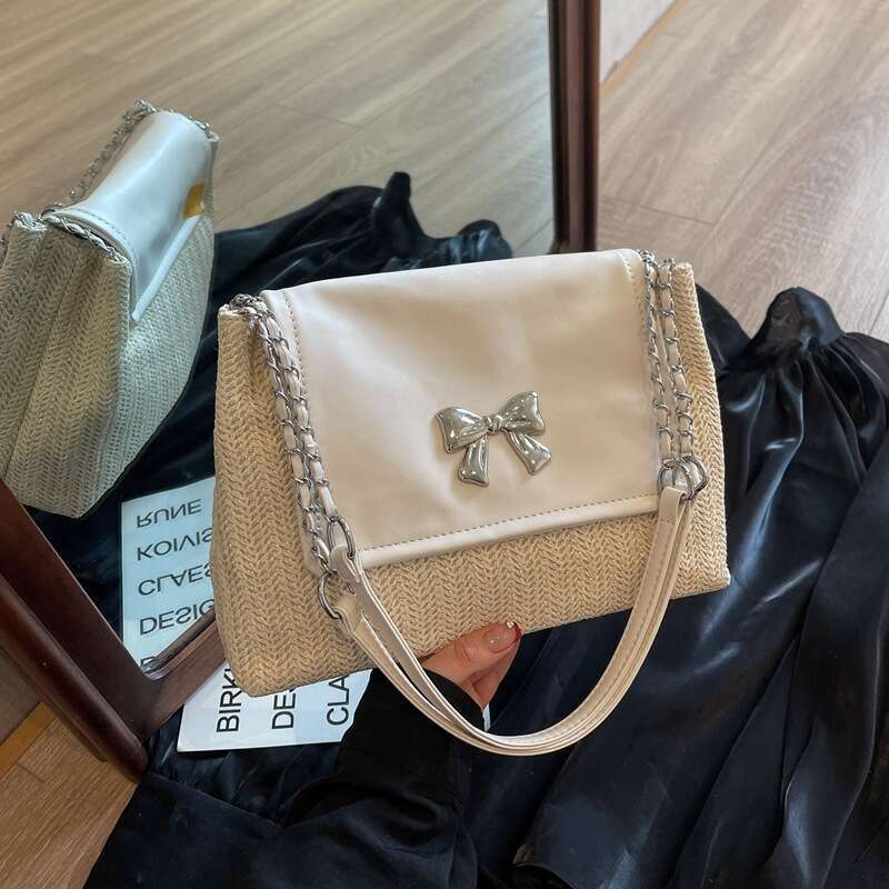 Design Sense Large Capacity for Women 2025 New Fashionable Straw Color-Block Single Shoulder Underarm Chain Bag