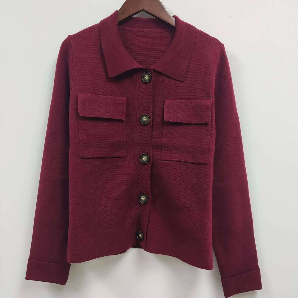 Designer Clothing 2025 Solid Color Jacquard Knit Cardigan Turn-Down Collar Long Sleeve Button Pocket Female Sweater Casual Cozy Ladies Top Clearance