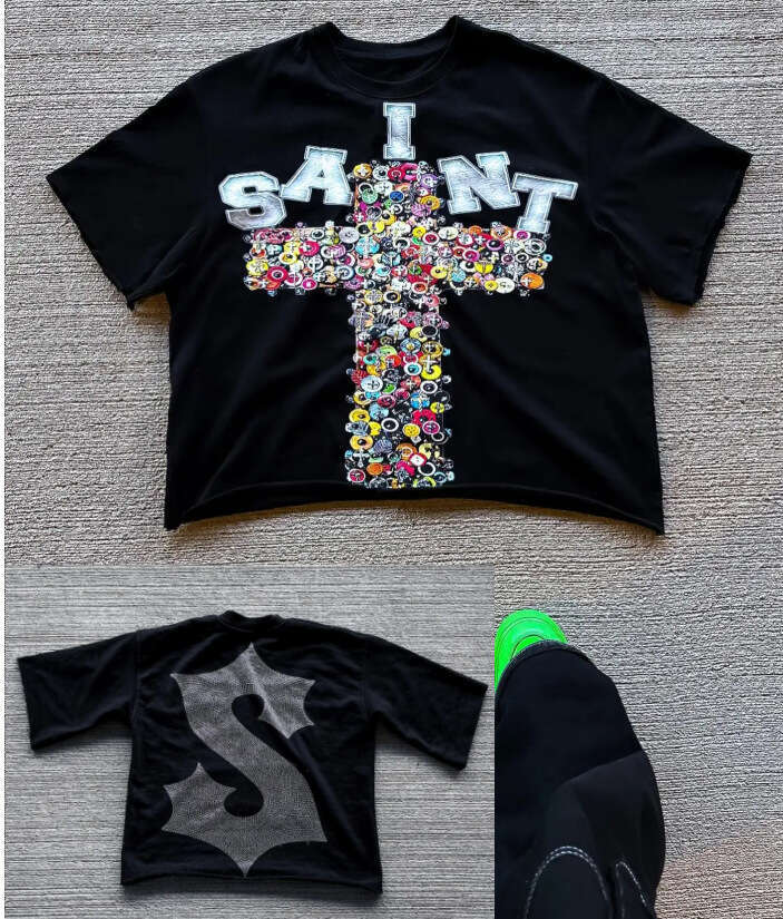 Cross Graffiti Rhinestone Print T-shirt Short Sleeve Top Trendy Brand Series