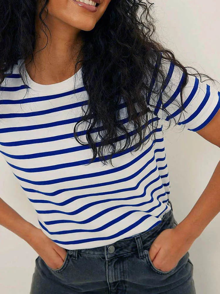 Summer Short Sleeve Striped TShirts Women Knitted Basic Casual Tops Female Cozy Loose Cotton Tee 2023 Harajuku Shirt 250724
