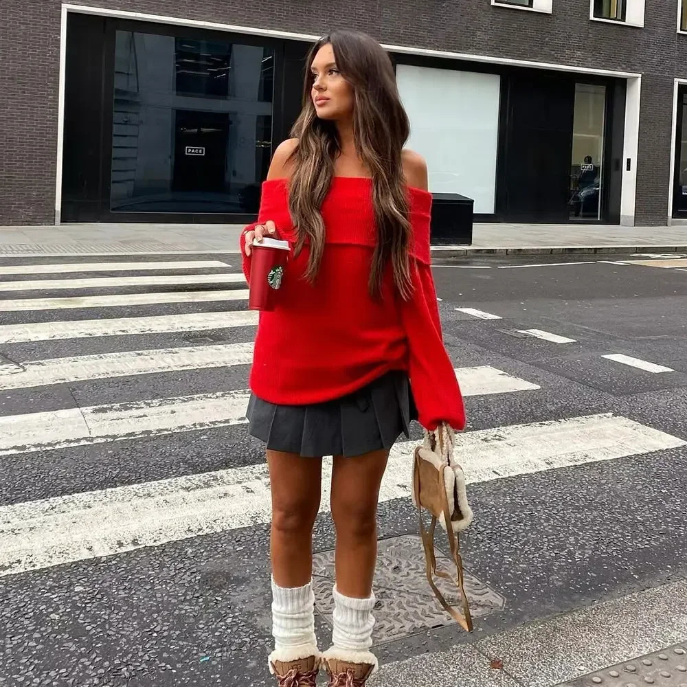 Womens Fashion Solid Off Shoulder Sweaters Casual Long Sleeve Folded Slim Fit Pullover Autumn Female Sexy Knitted Tops 250723
