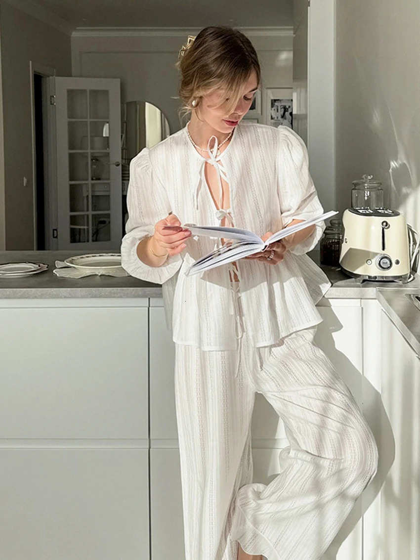 Marthaqiqi Winter Women Pajamas Suit Lace Up Sleepwear Long Sleeve Nightgowns ONeck Nightwear Pants Casual Ladies Home Clothes 250730