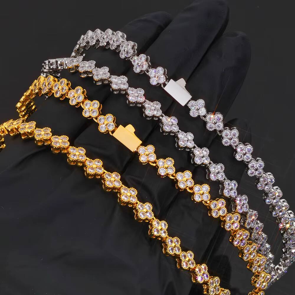 NUOYA Women Diamond Chain Gold Plated Four Leaf Clover Plum Blossom Chain Shiny Hip Hop Jewelry Zircon Link Necklace