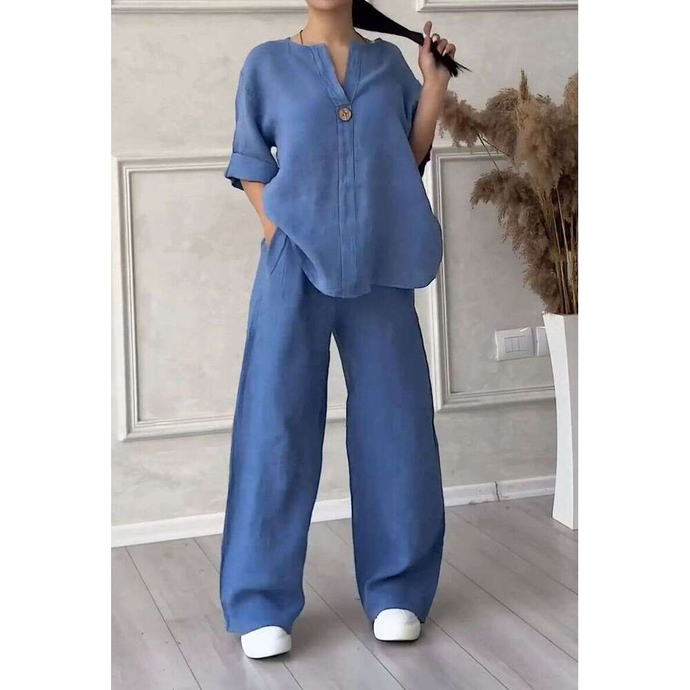 Women's Clothing 2 Piece Large Size Cotton And Linen Shirt Set High Waist Loose Trousers