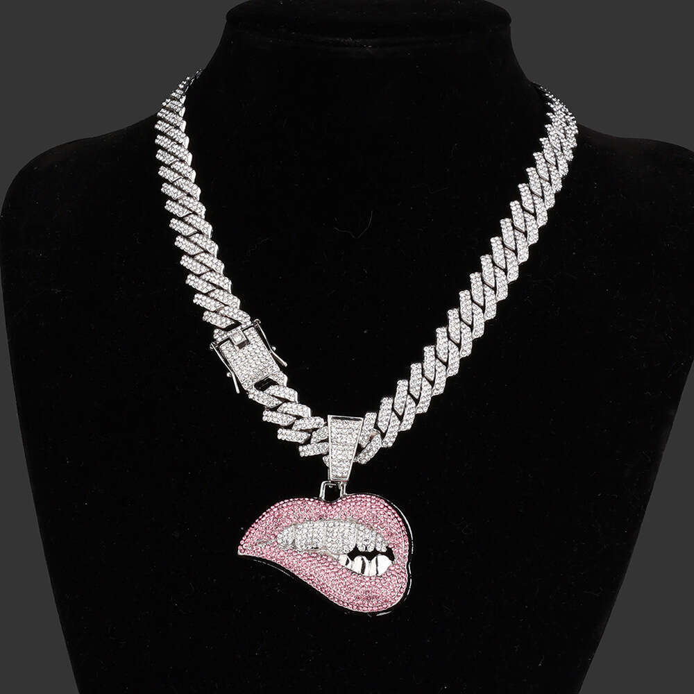 Hot Selling Full Dia Multi-color Lip-biting Pendant Hip-hop Exaggerated Personality Creative Cuban Chain Necklace