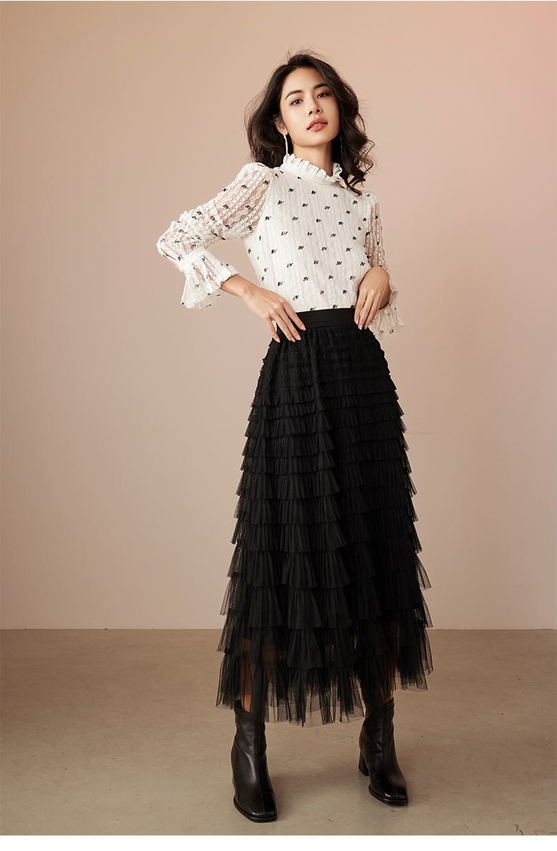 Women's Black Long Maxi Tulle Skirts A Line Ruffle High Waisted Tiered Layered Mesh Tutu Skirt 6111611