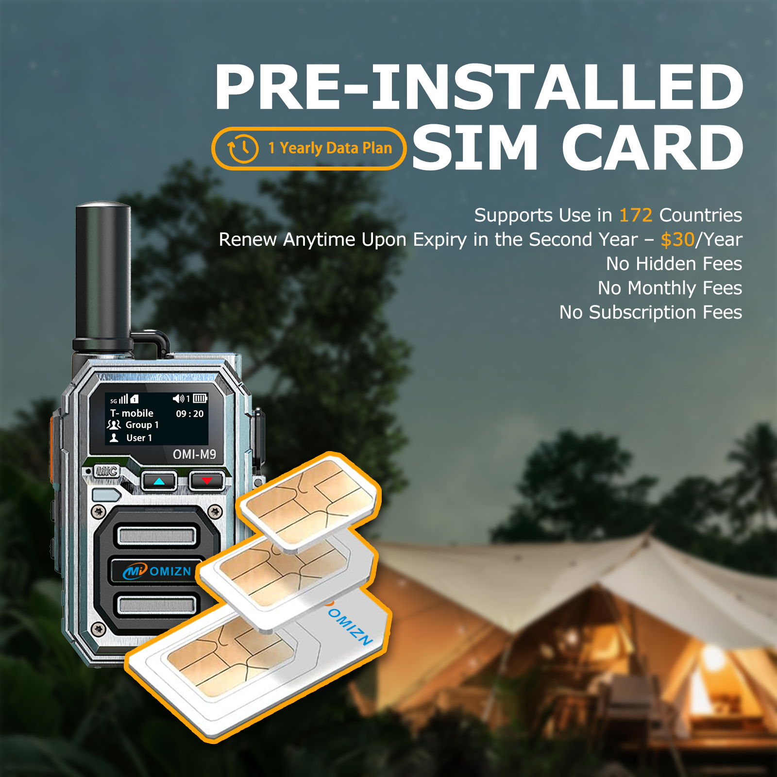 OMIZN M9 4G PoC Global Walkie Talkie Unlimited Range AES256 Type-C Charger AI Noise Reduction IP65 200CH Pre-installed SIM Card 10000 Miles Silver
