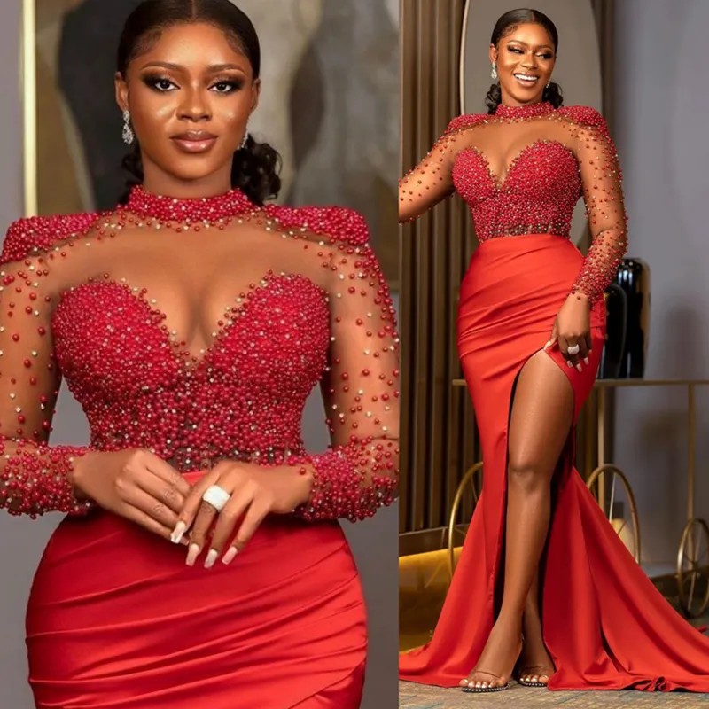 Plus Size Red Prom Dress Mermaid Evening Dresses Formal Gowns High Neck Long Sleeves Beaded Pearls Side Split 40TH Birthday Dress Second Reception Gow