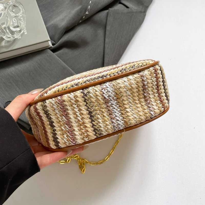 Rainbow Summer Straw Woven Crossbody Shoulder BagDesigner Beach Straw Tote BagWomen Clutch PurseCasual Metal Handle Handbag Y250729