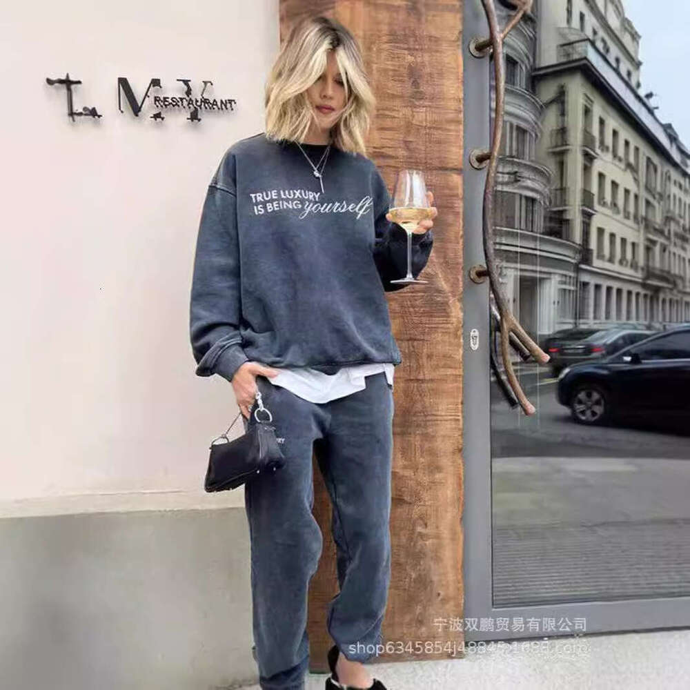 25 Autumn Winter New Pure Cotton Printed Vintage Top + Pants Simple Letter Loose Knitted Sweatshirt Set B5