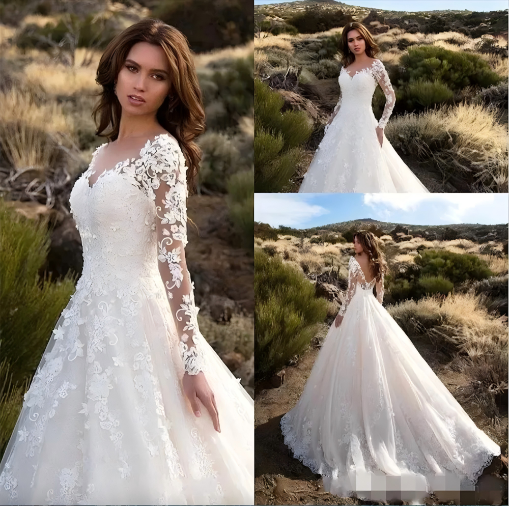 2024 Modest Long Sleeves A Line Wedding Dresses V Neck Lace Appliqued Sweep Train Plus Size Wedding Bride Gown vestido de novia