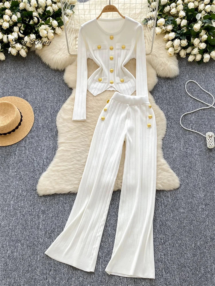SINGREINY Fashion OL Winter Suits Women Long Sleeves Chic Buttons PulloversElastic Pants Vintage Sweater Two Pieces Sets 250730