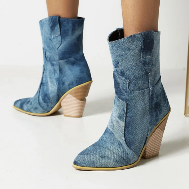ASILETO Denim Winter Warm Fur Western Ankle Boots for Women Wedge Heel Pointed Toe Slip On Big Size US17 S2449 250729