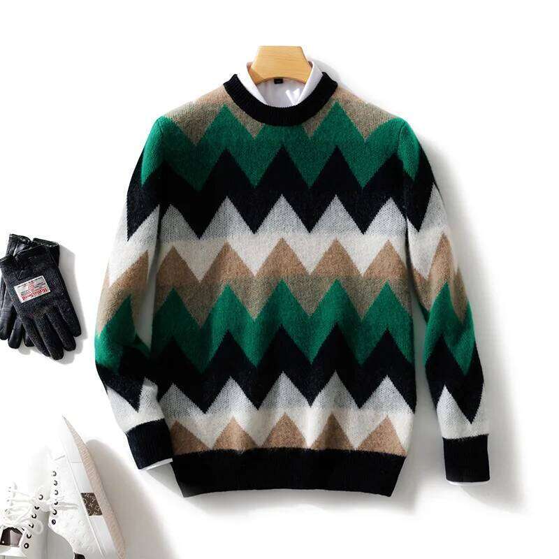 Men's 100% Merino Wool Soft Sweater O-Neck Stripe Pullover Contrast Casual Knitting Jumper Thickened Autumn Winter Loose Top MDNG