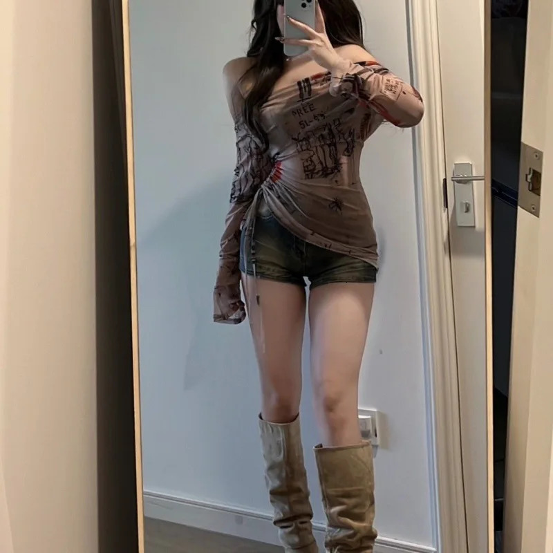 Long Sleeve Tshirt Spicy Girl Style One Shoulder Womens Thin Mesh Screen Graffiti Print Irregular Drawstring Top 250729