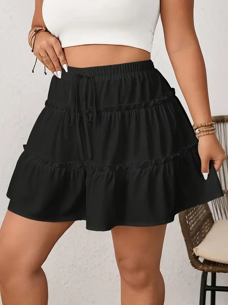 Plus Size 1XL5XL Spring Womens Casual Elegant Solid Color ALine Skirt Ladies with Ruffled Hem and Elastic Waistband Skirt 250729