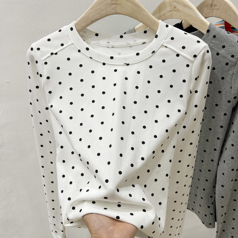 Korean Style Sweet Polka Dot TShirt Womens Casual Long Sleeve ONeck Tees Early Autumn Slim Fit Sexy Tops w250729