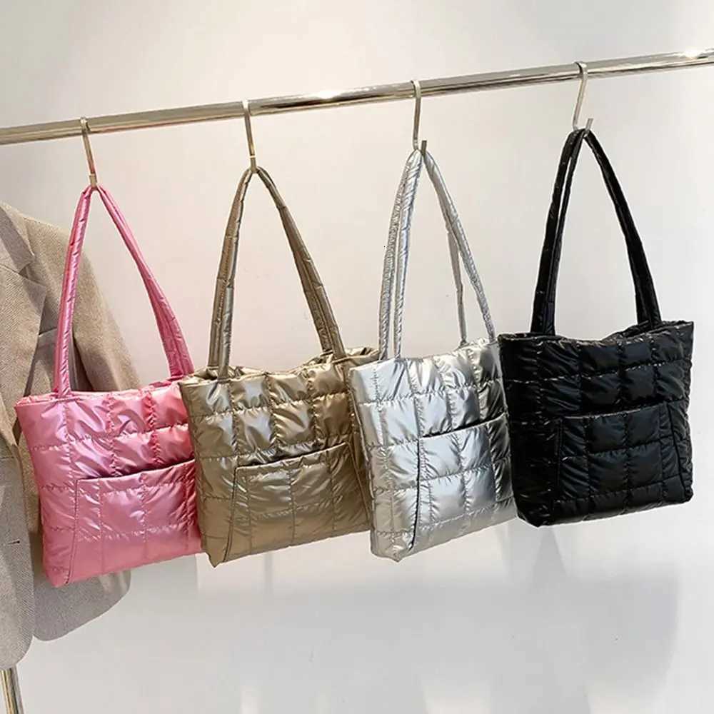 Girls Shopping Bags Underarm Bags Wen Large Capacity Shoulder Bag Quilted Handbags Casual Down Cotton Padded Tote Bags Y250730