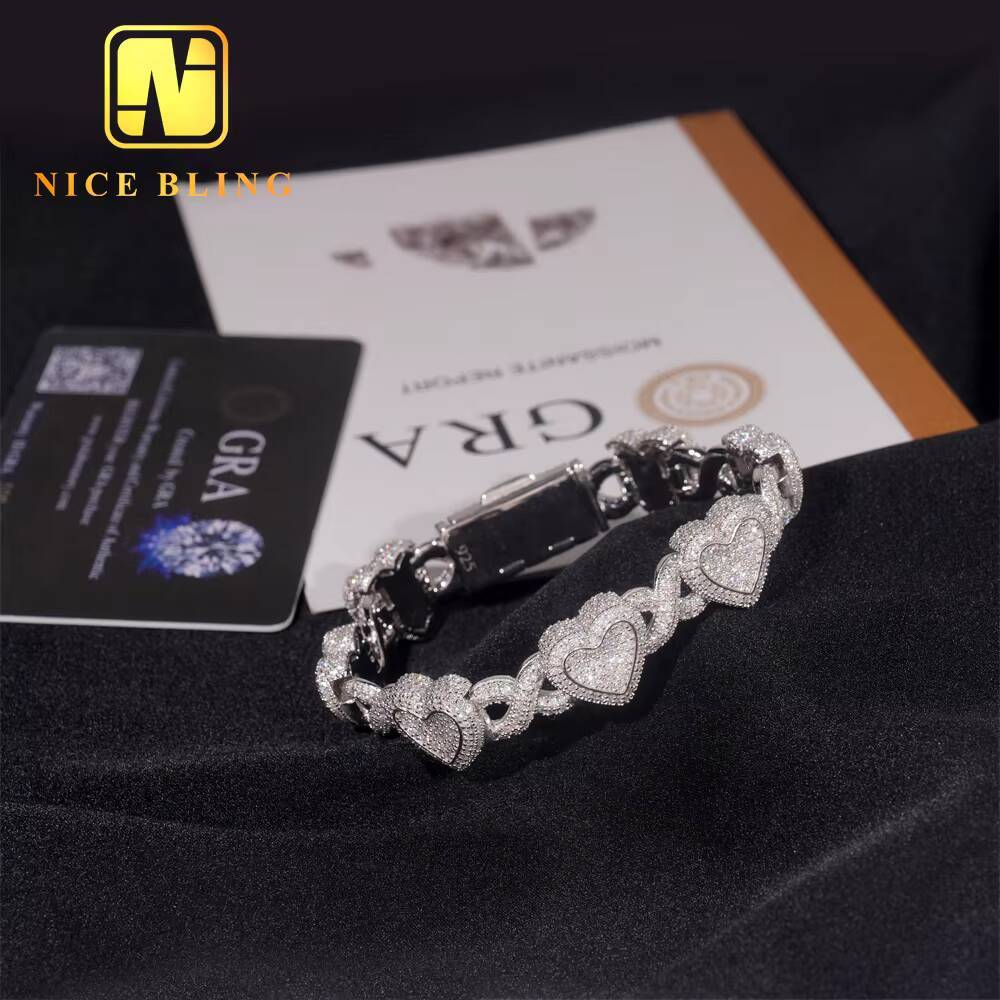 Fashion Men and Women Moissanite Cuban Link Bracelet 925 Silver Iced Out Heart Shape Hiphop Bracelet Best Gift