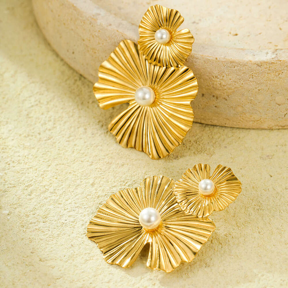 Hot Sale New Double Ruffle Earrings Gold High-end Feel Ear Jewelry Stainless Steel Accessories for Women