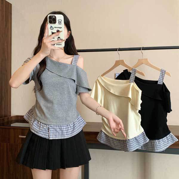2025 plus size women's S new asymmetrical shoulder slimming waist patch fake two-piece set short sleeved T-shirt fashionable new designer T-shirt