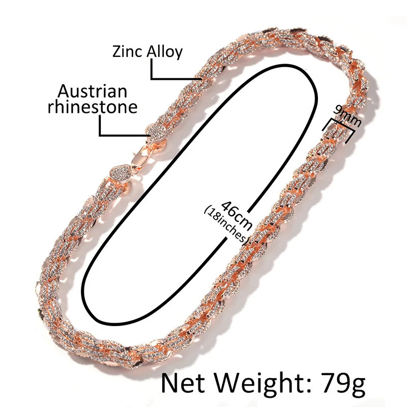 Hip Hop Full Austrian Rhinestone Paved Bling Iced Out Round Rope Link Chain Necklace for Men Rapper Jewelry Rose Gold Color 250729