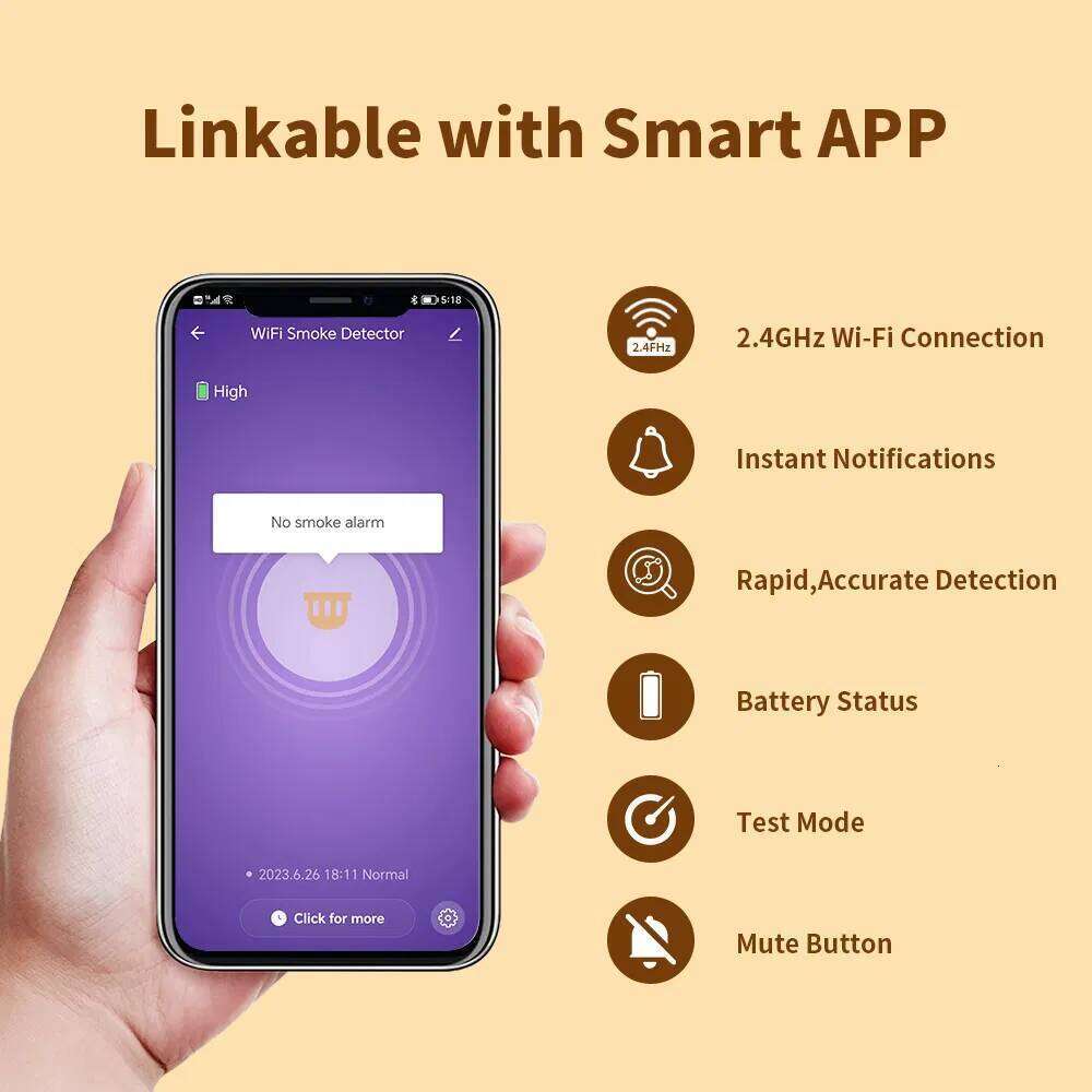 Wi-Fi Smoke Alarm V-Come Wi-Fi Smart Detector Tuya APP Control, WiFi Alarm with Sealed 10-Year Li-Battery, CE En 14604 VS02W