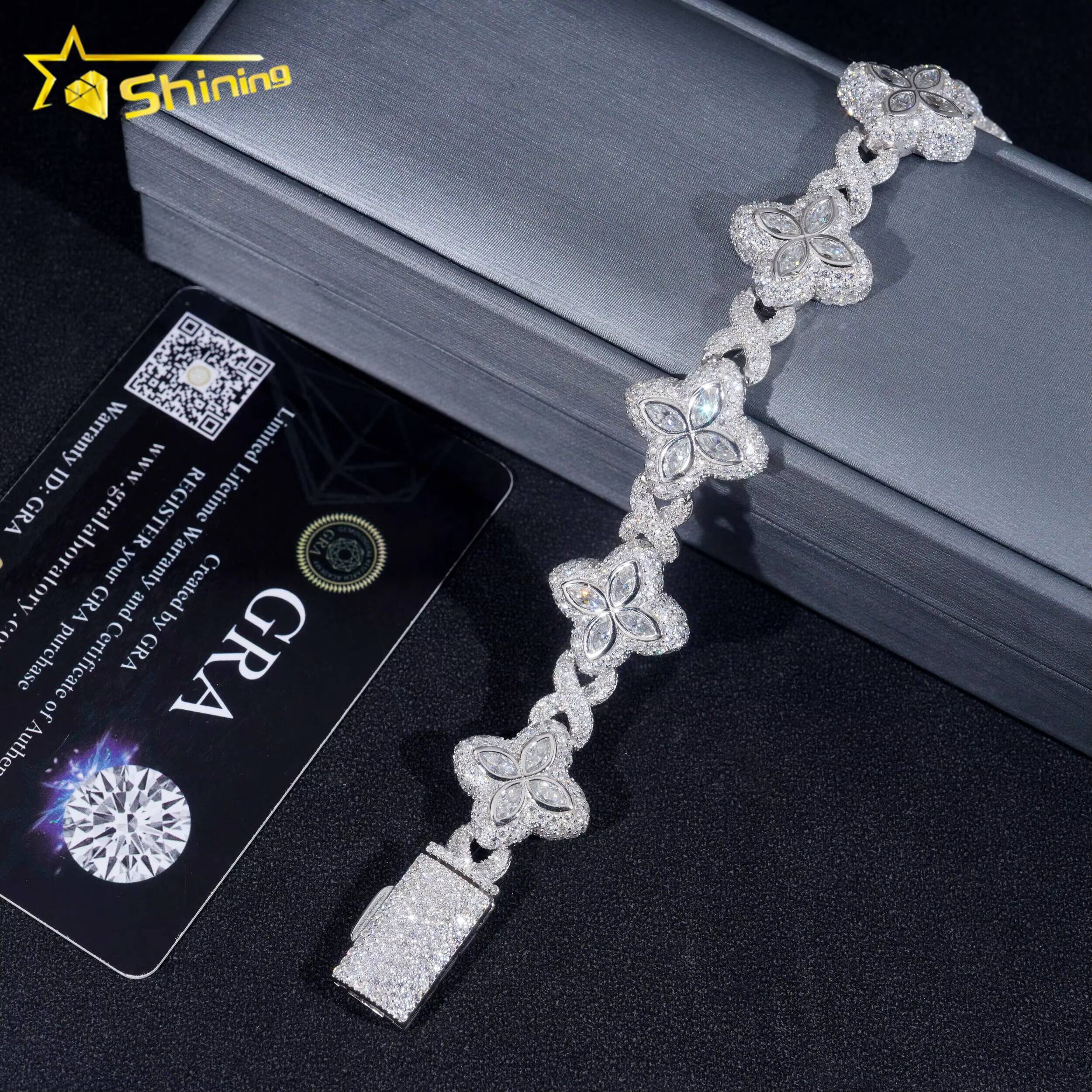 Hot Selling Hip Hop Style Rapper 925 Sterling Silver Men Infinity Cuban Link Moissanite Clover Bracelet