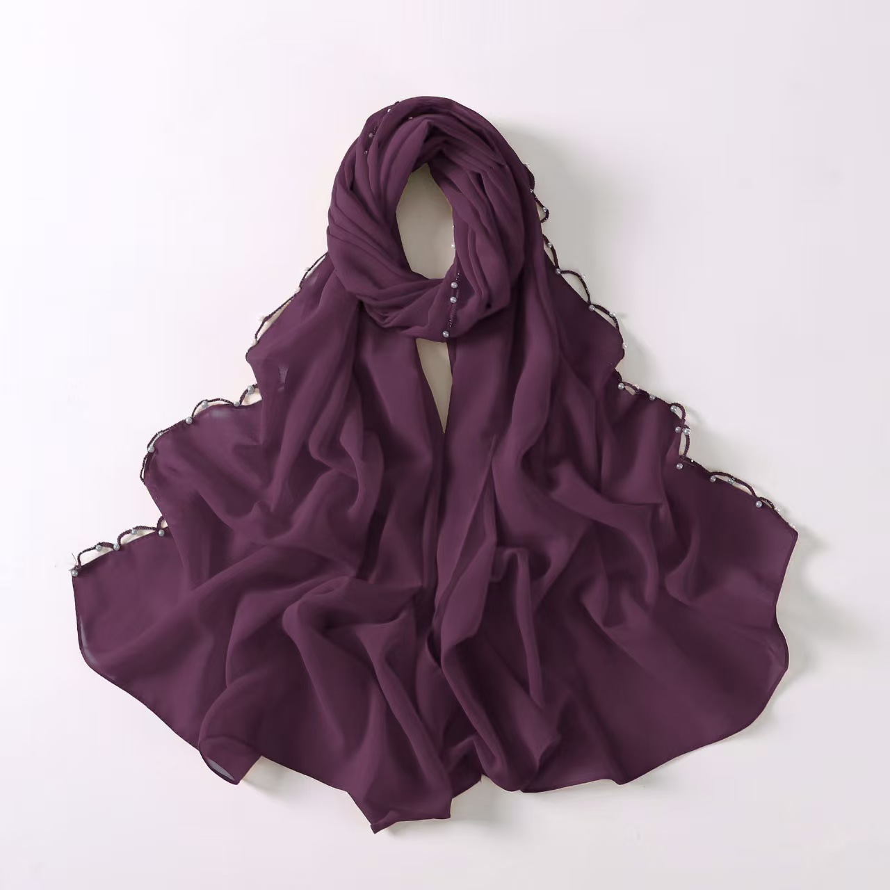 T1349 new chiffon scarf pearl beaded wave edge decoration Middle Eastern headscarf Arab headscarf