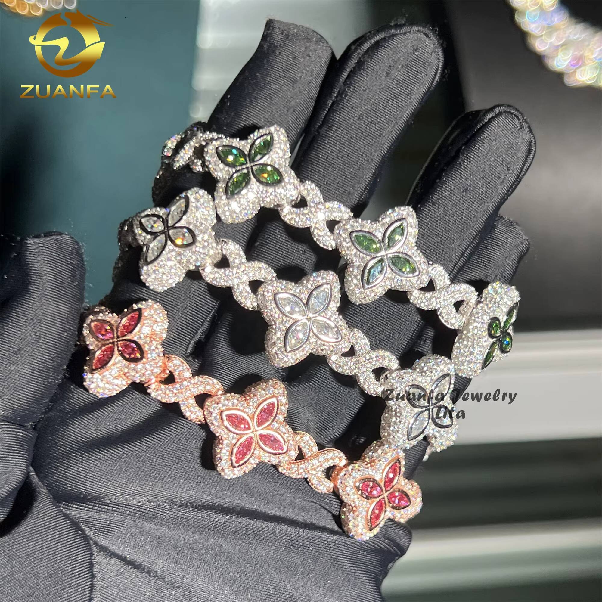 Hot Selling Hip Hop Color Marquise Cuban Link Chain Infinity 925 Silver Moissanbite Diamond Clover Bracelet