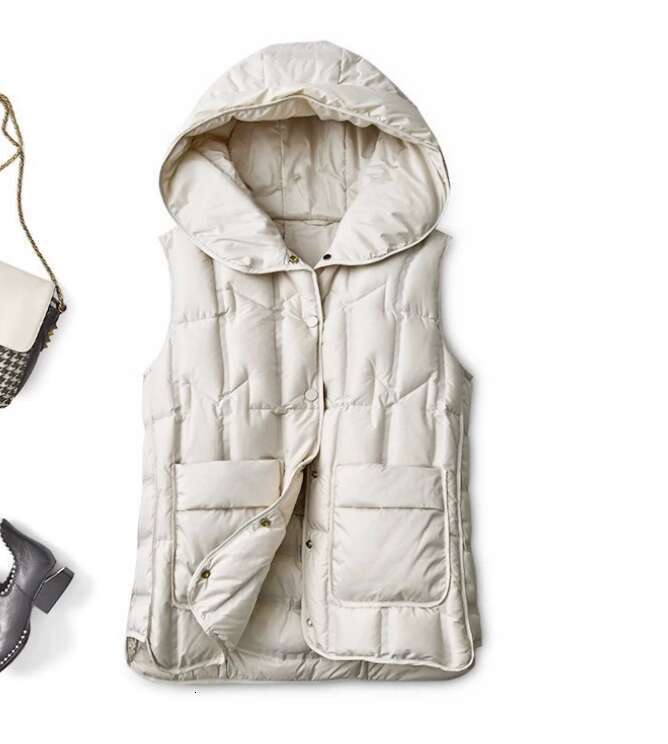 Designer Clothing 2025 Janveny 2025 New Fashion Hooded Down Sleeveless Vest Women Lightweight Seamless White Duck Feather Puffer Short Waistcoat