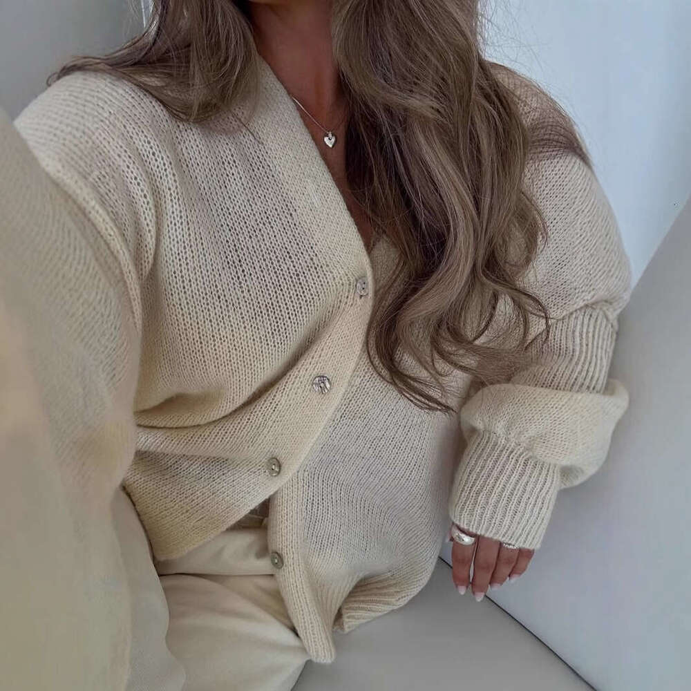 Autumn New Soft Mohair V-Neck Hollow Cardigan For Women, Elegant Lazy Style With Shell Buttons And Lantern Sleeves Sweater Coat B5