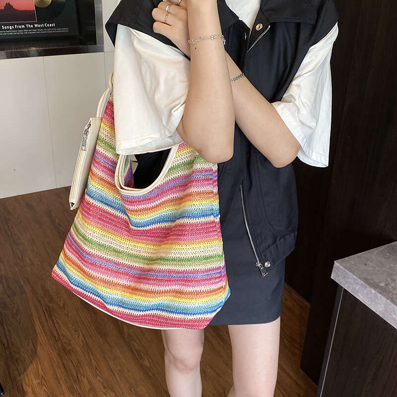 Tote Women's New Style Woven Color Stripe Shoulder Handbag Straw Vacation Beach Bag