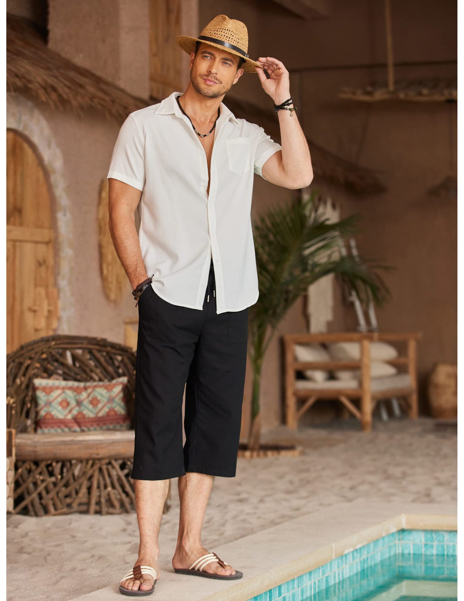 Men's sports mid-waist drawstring solid color beach cropped pants lightweight casual pants