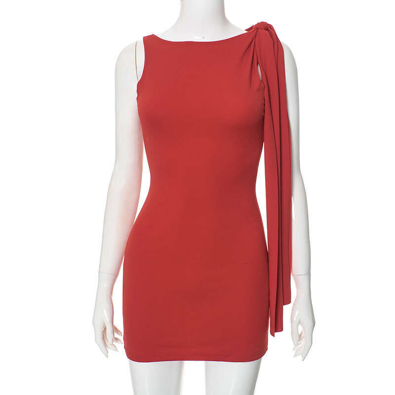 Yds325 Women's Summer New Solid Color Twist Knot Tassel Sleeveless Asymmetric Bodycon Dress B5